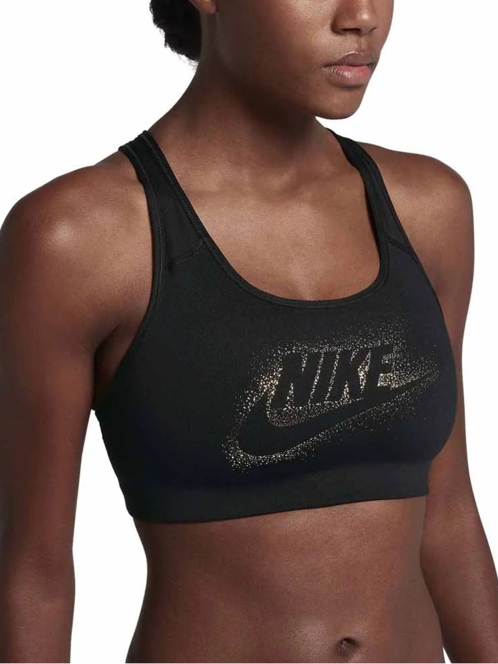 Nike Dri-FIT Swoosh Medium Support Sports Bra Black Gold Metallic Logo XL